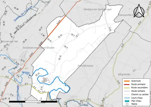 Carte en couleur présentant le réseau hydrographique de la commune