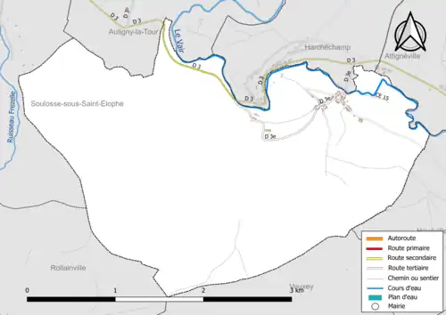 Carte en couleur présentant le réseau hydrographique de la commune