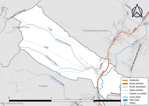 Carte en couleur présentant le réseau hydrographique de la commune