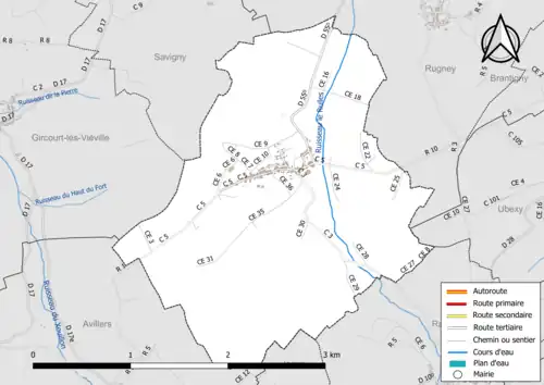 Carte en couleur présentant le réseau hydrographique de la commune
