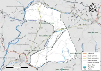 Carte en couleur présentant le réseau hydrographique de la commune