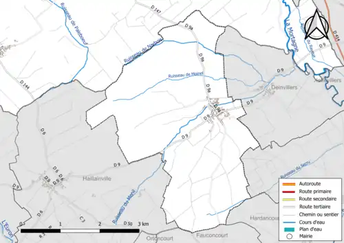 Carte en couleur présentant le réseau hydrographique de la commune