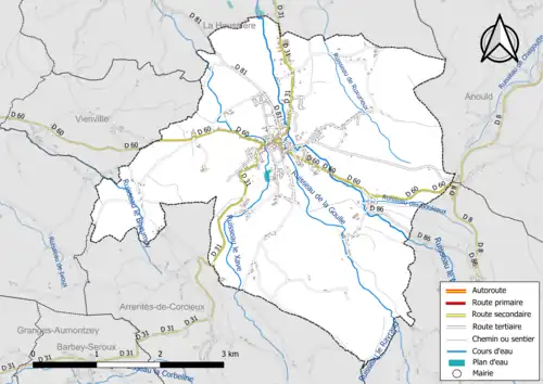 Carte en couleur présentant le réseau hydrographique de la commune