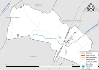 Carte en couleur présentant le réseau hydrographique de la commune