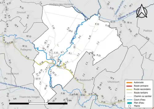 Carte en couleur présentant le réseau hydrographique de la commune
