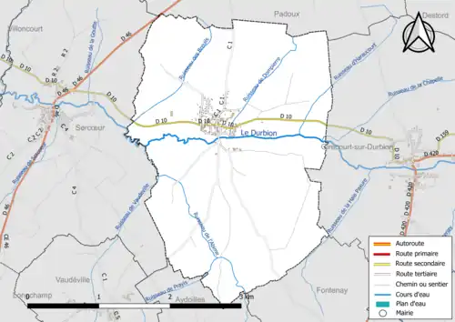 Carte en couleur présentant le réseau hydrographique de la commune