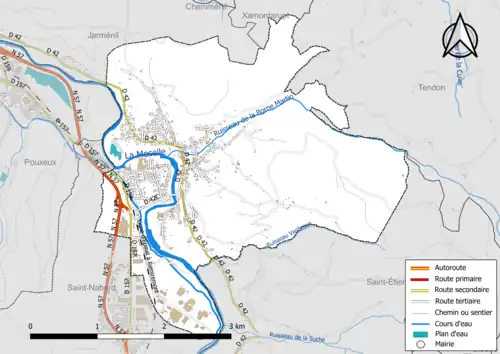 Carte en couleur présentant le réseau hydrographique de la commune