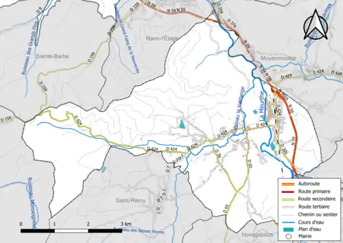 Carte en couleur présentant le réseau hydrographique de la commune