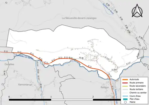 Carte en couleur présentant le réseau hydrographique de la commune