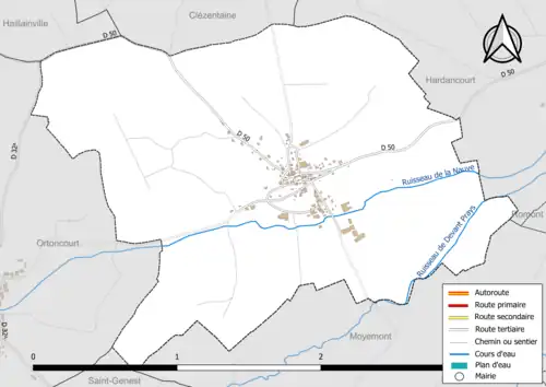 Carte en couleur présentant le réseau hydrographique de la commune