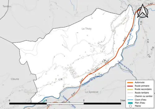 Carte en couleur présentant le réseau hydrographique de la commune