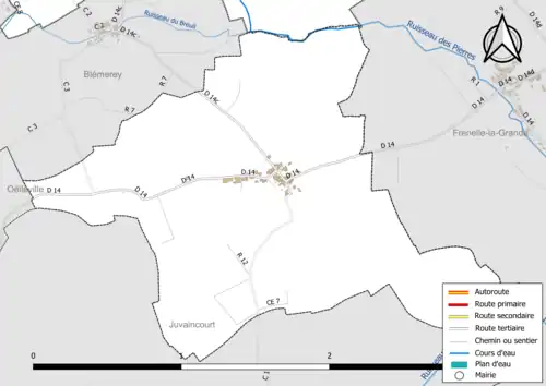 Carte en couleur présentant le réseau hydrographique de la commune