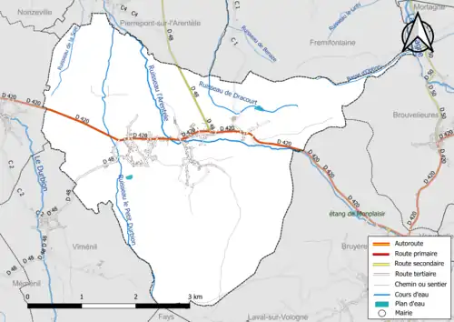Carte en couleur présentant le réseau hydrographique de la commune