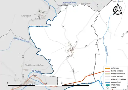 Carte en couleur présentant le réseau hydrographique de la commune