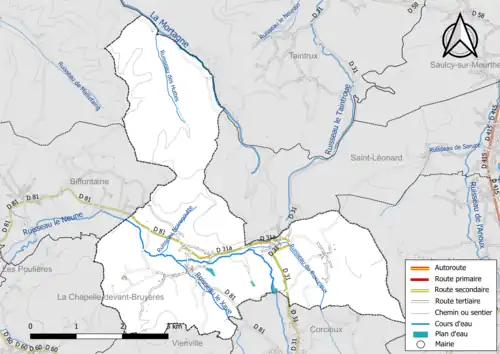 Carte en couleur présentant le réseau hydrographique de la commune