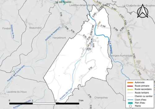 Carte en couleur présentant le réseau hydrographique de la commune