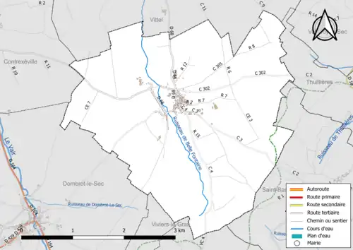 Carte en couleur présentant le réseau hydrographique de la commune