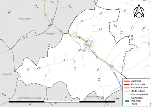 Carte en couleur présentant le réseau hydrographique de la commune