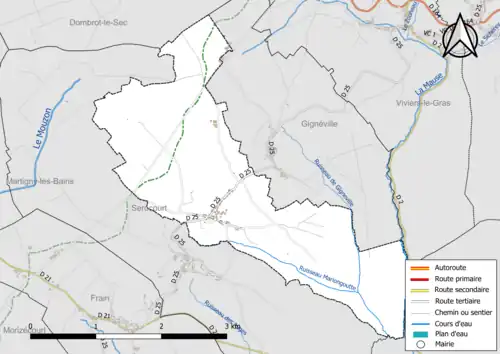 Carte en couleur présentant le réseau hydrographique de la commune
