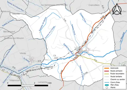 Carte en couleur présentant le réseau hydrographique de la commune