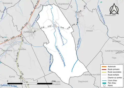 Carte en couleur présentant le réseau hydrographique de la commune