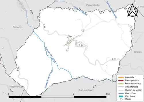 Carte en couleur présentant le réseau hydrographique de la commune