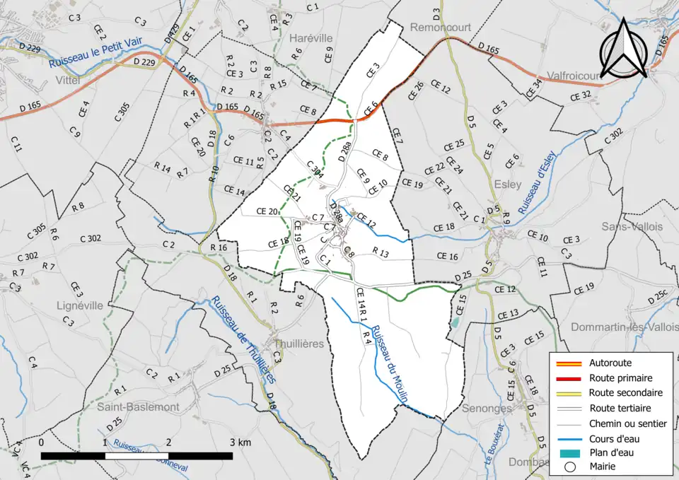 Carte en couleur présentant le réseau hydrographique de la commune