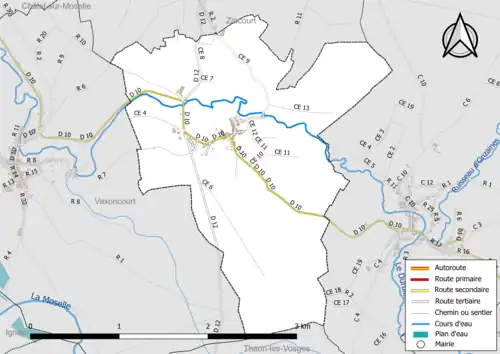 Carte en couleur présentant le réseau hydrographique de la commune