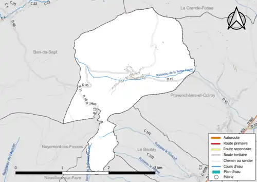 Carte en couleur présentant le réseau hydrographique de la commune