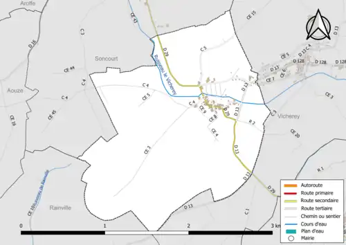 Carte en couleur présentant le réseau hydrographique de la commune