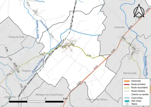 Carte en couleur présentant le réseau hydrographique de la commune