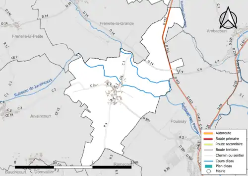 Carte en couleur présentant le réseau hydrographique de la commune