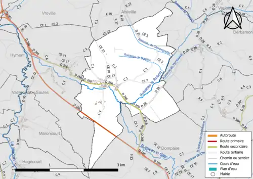 Carte en couleur présentant le réseau hydrographique de la commune