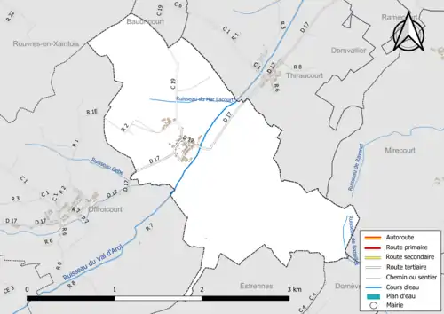 Carte en couleur présentant le réseau hydrographique de la commune