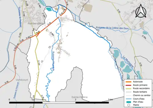 Carte en couleur présentant le réseau hydrographique de la commune