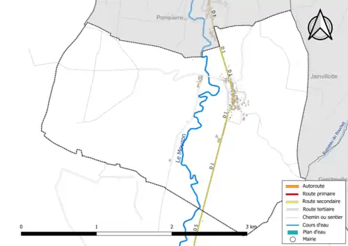 Carte en couleur présentant le réseau hydrographique de la commune