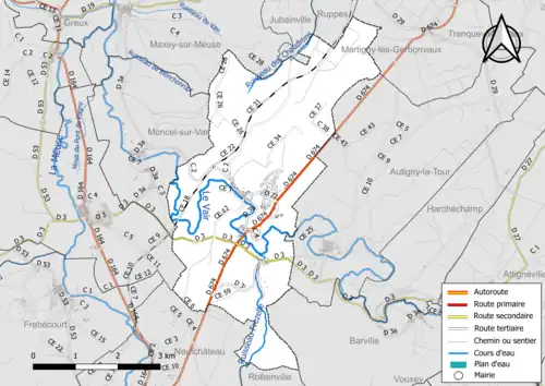 Carte en couleur présentant le réseau hydrographique de la commune