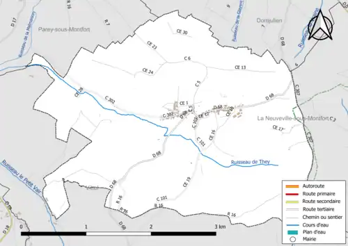 Carte en couleur présentant le réseau hydrographique de la commune
