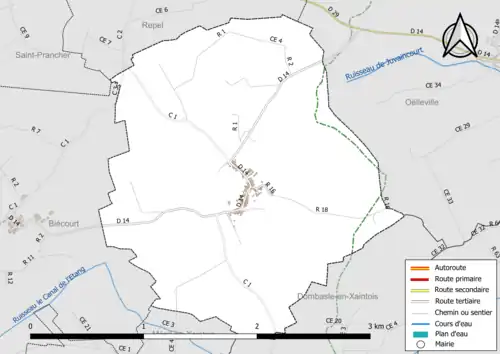 Carte en couleur présentant le réseau hydrographique de la commune