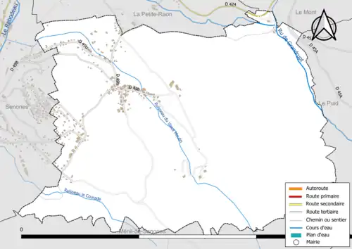 Carte en couleur présentant le réseau hydrographique de la commune