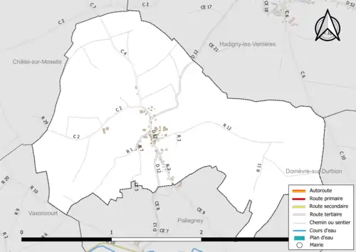 Carte en couleur présentant le réseau hydrographique de la commune