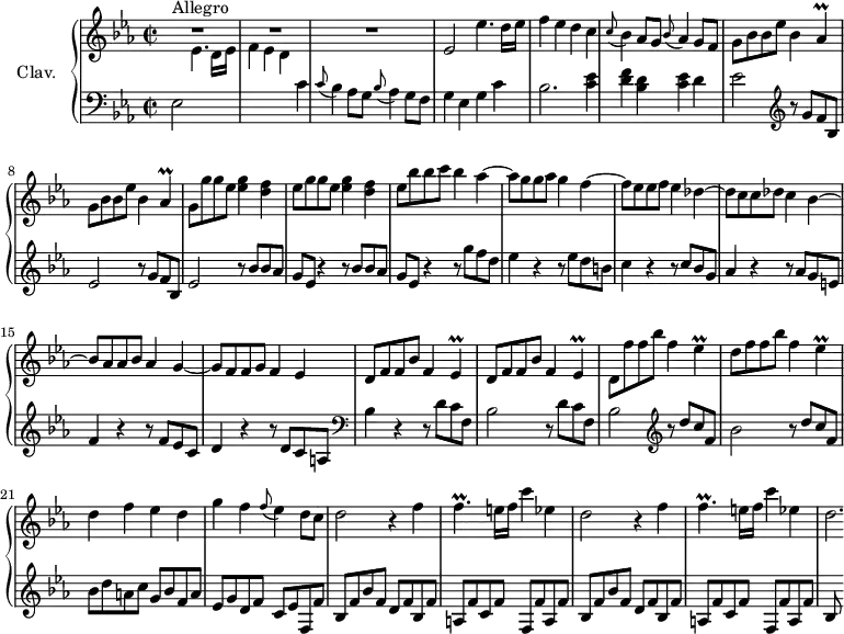 
\version "2.18.2"
\header {
  tagline = ##f
  % composer = "Domenico Scarlatti"
  % opus = "K. 192"
  % meter = "Allegro"
}

%% les petites notes
trillAesp     = { \tag #'print { aes4\prall } \tag #'midi { bes32 aes bes aes~ aes8 } }
trillEesp     = { \tag #'print { ees4\prall } \tag #'midi { f32 ees f ees~ ees8 } }
trillFp       = { \tag #'print { f4.\prall } \tag #'midi { g32 f g f~ f4 } }

upper = \relative c'' {
  \clef treble 
  \key ees \major
  \time 2/2
  \tempo 2 = 72
  \set Staff.midiInstrument = #"harpsichord"
  \override TupletBracket.bracket-visibility = ##f

      s8*0^\markup{Allegro}
      R1*3 | ees,2 ees'4. d16 ees |
      % ms. 5
      f4 ees d c | \appoggiatura c8 bes4 aes8 g \appoggiatura bes8 aes4 g8 f  | \repeat unfold 2 { g8 bes bes ees bes4 \trillAesp }
      % ms. 9
      g8 \repeat unfold 2 { g' g ees < ees g >4 < d f > | ees8 } bes' bes c bes4 aes4~ | aes8 g g aes g4 f~ |
      % ms. 13
      f8 ees ees f ees4 des~ | des8 c c des c4 bes~ | bes8 aes aes bes aes4 g~ | g8 f f g f4 ees |
      % ms. 17
      \repeat unfold 2 { d8 f f bes f4 \trillEesp } | d8 f' f bes f4 \trillEesp | d8 f f bes f4 \trillEesp |
      % ms. 21
      d4 f ees d | g f \appoggiatura f8 ees4 d8 c | \repeat unfold 2 { d2 r4 f4 | \trillFp e16 f c'4 ees, } |
      % ms. 25
      d2.*1/4

}

lower = \relative c' {
  \clef bass
  \key ees \major
  \time 2/2
  \set Staff.midiInstrument = #"harpsichord"
  \override TupletBracket.bracket-visibility = ##f

    % ************************************** \appoggiatura a16  \repeat unfold 2 {  } \times 2/3 { }   \omit TupletNumber 
      ees,2 \stemDown \change Staff = "upper" ees'4. d16 ees | f4 ees d \stemNeutral \change Staff = "lower" c | \appoggiatura c8 bes4 aes8 g \appoggiatura bes8 aes4 g8 f  | g4 ees g c |
      % ms. 5
      bes2. < c ees >4 | < d f > < bes d > < c ees > d | ees2   \clef treble \repeat unfold 2 { r8 g8 f bes, |
      % ms. 9
      ees2 } \repeat unfold 2 { r8 bes'8 bes aes | g ees r4 } r8 g'8 f d | ees4 r4 r8 ees8 d b |
      % ms. 13
      c4 r4 r8 c8 bes g | aes4 r4 r8 aes8 g e | f4 r4 r8 f8 ees c | d4 r4 r8 d8 c a | \clef bass 
      % ms. 17
      bes4 r4 \repeat unfold 2 { r8 d8 c f, | bes2 } \clef treble r8 d'8 c f, bes2 r8 d8 c f, |
      % ms. 21
      bes8 d a c g bes f a | ees g d f c ees f, f' |  \repeat unfold 2 { bes, f' bes f d f bes, f' | a, f' c f f, f' a, f' } |
      % ms. 25
      bes,8

}

thePianoStaff = \new PianoStaff <<
    \set PianoStaff.instrumentName = #"Clav."
    \new Staff = "upper" \upper
    \new Staff = "lower" \lower
  >>

\score {
  \keepWithTag #'print \thePianoStaff
  \layout {
      #(layout-set-staff-size 17)
    \context {
      \Score
     \override SpacingSpanner.common-shortest-duration = #(ly:make-moment 1/2)
      \remove "Metronome_mark_engraver"
    }
  }
}

\score {
  \keepWithTag #'midi \thePianoStaff
  \midi { }
}
