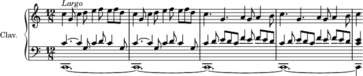 
\version "2.18.2"
\header {
  tagline = ##f
}

upper = \relative c'' {
  \clef treble 
  \key c \major
  \time 12/8
  \tempo 4. = 56
  \set Staff.midiInstrument = #"church organ"
  \override TupletBracket #'stencil = ##f
  \override Score.BarNumber #'stencil = ##f
  \bar " "
     c4^\markup { \column { \italic Largo} }  g8 c4 d8 e4 f8 e f d | c4 g8 c4 d8 e4 f8 e f d | c4. g a4 g8 a4 b8  | c4. g a4 g8 a4 b8 | c4

}

lower = \relative c {
  \clef bass
  \key c \major
  \time 12/8
  \set Staff.midiInstrument = #"church organ"
  \override TupletBracket #'stencil = ##f

   << {c'4.~ c4 g8 c4 d8 c4 g8 |c4.~ c4 g8 c4 d8 c4 g8|c4 d8 e d c f4 e8 f e d | c4 d8 e d c f4 e8 f e d |<c e>4}
   \\ {c,,1.~ |c1.~ |c1.~|c1.~|c4} >>
}

thePianoStaff = \new PianoStaff <<
    \set PianoStaff.instrumentName = #"Clav."
    \new Staff = "upper" \upper
    \new Staff = "lower" \lower
  >>

\score {
  \keepWithTag #'print \thePianoStaff
  \layout {
      #(layout-set-staff-size 17)
    \context {
      \Score
     \override SpacingSpanner.common-shortest-duration = #(ly:make-moment 1/2)
      \remove "Metronome_mark_engraver"
    }
  }
}

\score {
  \keepWithTag #'midi \thePianoStaff
  \midi { }
}
