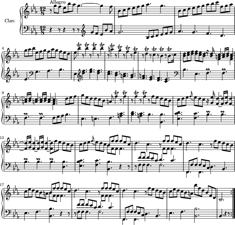 
\version "2.18.2"
\header {
  tagline = ##f
  % composer = "Domenico Scarlatti"
  % opus = "K. 253"
  % meter = "Allegro"
}

%% les petites notes
trillFp       = { \tag #'print { f4.\prall } \tag #'midi { g32 f g f~ f4 } }
trillBespUp   = { \tag #'print { bes'4\trill } \tag #'midi { c32 bes c bes~ bes8 } }
trillA        = { \tag #'print { a4\trill } \tag #'midi { bes32 a bes a~ a8 } }
trillG        = { \tag #'print { g4\trill } \tag #'midi { a32 g a g~ g8 } }
trillF        = { \tag #'print { f4\trill } \tag #'midi { g32 f g f~ f8 } }
trillFUp      = { \tag #'print { f'4\trill } \tag #'midi { g32 f g f~ f8 } }
trillEes      = { \tag #'print { ees4\trill } \tag #'midi { f32 ees f ees~ ees8 } }
trillD        = { \tag #'print { d4\trill } \tag #'midi { ees32 d ees d~ d8 } }
trillC        = { \tag #'print { c4\trill } \tag #'midi { d32 c d c~ c8 } }
trillBes      = { \tag #'print { bes4\trill } \tag #'midi { c32 bes c bes~ bes8 } }
trillBesqp    = { \tag #'print { bes8.\trill } \tag #'midi { c32 bes c bes~ bes16 } }
trillpraBesp  = { \tag #'print { bes4.\prall } \tag #'midi { c32 bes c bes~ bes4 } } 

upper = \relative c'' {
  \clef treble 
  \key ees \major
  \time 12/8
  \tempo 4. = 82

    \repeat volta 2 {
      s8*0^\markup{Allegro}
      r8 g'8 f 
      ees bes' aes g4.~ g4 f8 | bes,8 c d ees f g aes4. g |
      % ms. 3
      bes,8 c d ees f g aes bes c f, g aes | g aes bes ees, f g f aes g f ees d | ees8 \repeat unfold 4 { \trillBespUp r8 } 
      % ms. 6
      \trillA r8 \trillG r8 \trillF r8 \trillEes | r8 \trillD r8 \trillC r8 \trillBes r8 \trillBesqp c16 |
      < bes d >8 < c ees > < d f > q < c ees > < bes d > 
      % ms. 8 suite…
      << { r16  < bes d >16 < a c >4~ q16 < bes d >16 < a c >4~ | q16 < bes d >16 < a c >4~ q16 < bes d >16 < a c >4~ | q4. }
       \\ { s8 f4 s8 f4 | s2. f4. } >> d'8 ees f |
      g ees d d c bes a \repeat unfold 4 { \trillFUp r8 } f8 ees d c bes |
      % ms. 12
      c8 d ees \appoggiatura f16 ees8 d c r16 \stemUp < g ees' >16 < f d' >4~ q16 < g ees' > < f d' >4~ |
      q16 < g ees' >16 < f d' >4~ q16 < g ees' > < f d' >4~ | \stemNeutral q8   f' ees d c bes |
      c d ees \appoggiatura f16 ees8 d c 
      << { bes8 f' f  f ees c } \\ { bes8 f f f4. } >>
      % ms. 15
      d'4. c r8 << { f8 f  f ees c } \\ { f,8 f f4. } >> d'4. c r8 f8 ees d c bes | c ees d c bes a 
      << { bes8 f' f  f ees c } \\ { bes8 f f f4. } >>
      % ms. 18
      d'4. c r8 << { f8 f  f ees c } \\ { f,8 f f4. } >> d'4. c r8 f8 ees d c bes |
      c8 ees d c bes a bes' f d bes f d | bes2. }%repet
   %   % ms. 21
    %  \alternative {
    %      {  bes8 c bes aes g f r8 g''8 f }
    %      {  bes,,2 }
    %  }
    %  r8 f''8 d  aes f aes  d f d  aes f aes
}

lower = \relative c' {
  \clef bass
  \key ees \major
  \time 12/8

  \repeat volta 2 {
    % ************************************** \appoggiatura a16  \repeat unfold 2 {  } \times 2/3 { }   \omit TupletNumber 
      r4 r8 r4 r8  r8   \clef treble  g'8 f ees bes' aes |  g2. bes,8 c d ees f g |
      % ms. 3
      aes4. g f d | ees   \clef bass g, aes bes | ees, \clef treble < d'' f >4.  < ees g > < d f >
      % ms. 6
      < c ees >4. < bes d > < a! c > < g bes > | < f a! > < ees g > < d f > < c ees >  \clef bass  | bes4. ees, \repeat unfold 4 { \trillFp } 
      % ms. 9 suite
      f8 g aes bes4. | ees, e f < a c > | < bes d > < a c > bes < bes, bes' > |
      % ms. 12
      < ees c' d >4.  < f c' >  \repeat unfold 5 { \trillpraBesp } < d, bes' >4.  < ees bes' c > < f c' > < bes, bes' > r4 r8 |
      % ms. 15
      r8 << { f''8 f f ees c d4. c | f,,8 f' f f ees c } 
       \\ { \mergeDifferentlyDottedOn  f8 f f4. f2. | f,4. f } >> d'4. bes | ees f < bes, bes' > r4 r8 
      % ms. 18
      r8 << { f''8 f f ees c d4. c | f,,8 f' f f ees c } 
       \\ { \mergeDifferentlyDottedOn  f8 f f4. f2. | f,4. f } >> d'4. bes | ees f < bes, bes' >2. bes4. r4 r8 }%repet
      % ms. 21
     % \alternative {
      %    {  bes4. r4 r8 | ees4. }
      %    {  bes2 | }
     % }\bar ".|:"
    %  \repeat unfold 4 { < bes aes' >4. }
}

thePianoStaff = \new PianoStaff <<
    \set PianoStaff.instrumentName = #"Clav."
    \new Staff = "upper" \upper
    \new Staff = "lower" \lower
  >>

\score {
  \keepWithTag #'print \thePianoStaff
  \layout {
      #(layout-set-staff-size 17)
    \context {
      \Score
     \override TupletBracket.bracket-visibility = ##f
     \override SpacingSpanner.common-shortest-duration = #(ly:make-moment 1/2)
      \remove "Metronome_mark_engraver"
    }
  }
}

\score {
  \unfoldRepeats
  \keepWithTag #'midi \thePianoStaff
  \midi { \set Staff.midiInstrument = #"harpsichord" }
}
