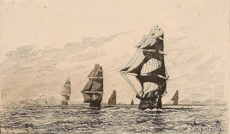Sous voiles courant grand largue, 1864, eau-forte (10x17,2)
