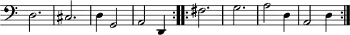 
\version "2.18.2"
\header {
  tagline = ##f
}

\score {
  \new Staff \with {
    \remove "Time_signature_engraver"
  }
  \relative c {
    \key c \major
    \time 3/4
    \tempo 2 = 50
    \autoBeamOff
    \clef bass
    \override Rest #'style = #'classical
    \set Staff.midiInstrument = #"recorder"

  \repeat volta 2 {
  d2. cis d4 g,2 a d,4
  }

  \repeat volta 2 {
  fis'2. g a2 d,4 a2 d4
  }

  }
  \layout {
    \context {
      \Score
      \remove "Metronome_mark_engraver"
    }
  }
  \midi {}
}
