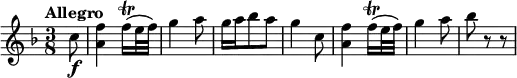 
\relative c' {
   \version "2.18.2"
   \clef "treble" 
   \tempo "Allegro" 
   \key f \major
   \time 3/8
  \partial 8  c'8 \f
   <a f'>4 f'16\trill (e32 f)
   g4 a8
   g16 a bes8 a
   g4 c,8
   <a f'>4 f'16\trill (e32 f)
   g4 a8
   bes r8 r8
}
