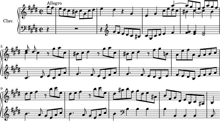 
\version "2.18.2"
\header {
  tagline = ##f
  % composer = "Domenico Scarlatti"
  % opus = "K. 246"
  % meter = "Allegro"
}

%% les petites notes
%trillBesp     = { \tag #'print { bes4.\prall } \tag #'midi { c32 bes c bes~ bes4 } }

upper = \relative c'' {
  \clef treble 
  \key cis \minor
  \time 2/2
  \tempo 2 = 76
  \set Staff.midiInstrument = #"harpsichord"
  \override TupletBracket.bracket-visibility = ##f

   \partial 4
      s8*0^\markup{Allegro}
      gis'8 fis | e dis cis bis cis gis cis dis | e4 dis r4 gis,4 | e gis 
      << { s4 a'4~ | a8 gis cis, e fis a gis fis | e dis } \\
      { cis8 e dis cis | bis4 cis~ cis bis | cis cis } >>
      % ms. 5 suite
      \repeat unfold 2 { r8 gis'8 a cis, | bis cis dis4 } r8 fis8 gis b, |
      % ms. 8
      a8 e' fis a, gis a b cis | dis e fis4 r8 b8 cis e, | dis e fis4 r8 b8 cis e, |
      % ms. 11
      dis8 ais' b fis gis dis e ais, | b fis gis dis e b cis ais | b4 
      % ms. 14
      

}

lower = \relative c' {
  \clef bass
  \key cis \minor
  \time 2/2
  \set Staff.midiInstrument = #"harpsichord"
  \override TupletBracket.bracket-visibility = ##f

    % ************************************** \appoggiatura a16  \repeat unfold 2 {  } \times 2/3 { }   \omit TupletNumber 
      r4 | R1 | r4   \clef treble  gis'8 fis e dis cis bis | cis gis cis dis e4 fis |
      % ms. 4
      < fis gis >4 < e gis > < dis fis >2 | cis4. dis8 e cis fis a | gis4. fis8 e cis fis a | gis4. fis8 e dis cis e |
      % ms. 8
      fis8 e dis b e fis gis a | \repeat unfold 2 { b4. a8 gis e a cis } | 
      % ms. 11
      b4   \clef bass b, b b | b b, b b | b8
      % ms. 14
      

}

thePianoStaff = \new PianoStaff <<
    \set PianoStaff.instrumentName = #"Clav."
    \new Staff = "upper" \upper
    \new Staff = "lower" \lower
  >>

\score {
  \keepWithTag #'print \thePianoStaff
  \layout {
      #(layout-set-staff-size 17)
    \context {
      \Score
     \override SpacingSpanner.common-shortest-duration = #(ly:make-moment 1/2)
      \remove "Metronome_mark_engraver"
    }
  }
}

\score {
  \keepWithTag #'midi \thePianoStaff
  \midi { }
}
