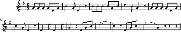 
\version "2.14.2"
\header {
  tagline = ##f
}

\score {
  \new Staff \with {
    %\remove "Time_signature_engraver"
  }
  \relative c'' {
    \key g \major
    \time 6/8
    \tempo 8 = 240
    \set Staff.midiInstrument = #"oboe"

     %%%% Jean de la Lune
     g8 g g g  d g b4 g8 d4 r8 b' b b b g b d4 b8 g4 r8 
     g8 g g g  d g b4 g8 d4 r8 d4 d'8 d,4 d'8 g,4 r8
     d8 g b d2.( b4) r8 d,8 g b d2.(  g,4) r8 r4 r8
     \bar "||"

  }
  \layout {
    \context {
      \Score
      \remove "Metronome_mark_engraver"
    }
  }
  \midi {}
}
