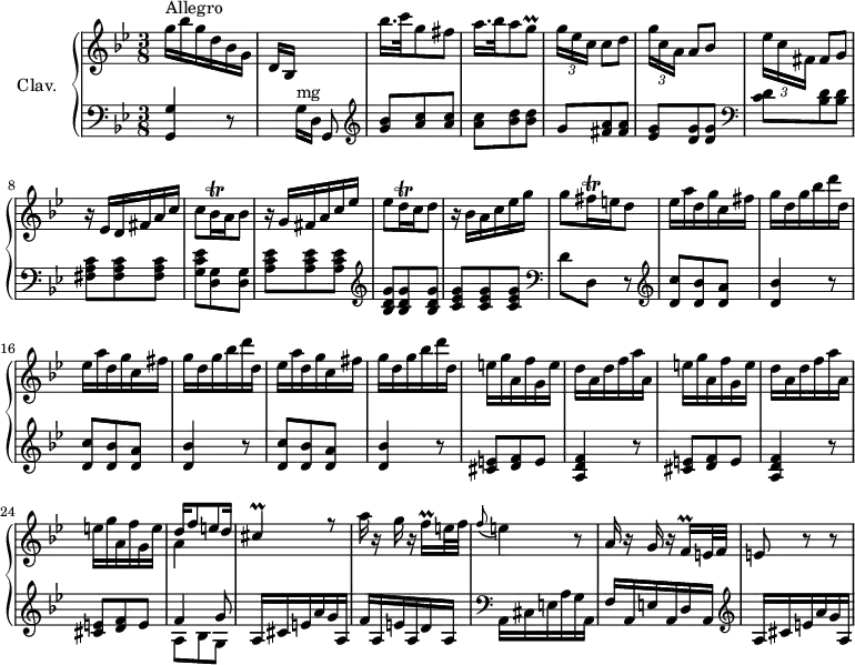 
\version "2.18.2"
\header {
  tagline = ##f
}

%% les petites notes
trillGq        = { \tag #'print { g8\prall } \tag #'midi { \times 2/3 { g32 a g~ } g16 } }
trillBesqq     = { \tag #'print { bes16\trill } \tag #'midi { \times 2/3 { bes32 c bes } } }
trillDqq       = { \tag #'print { d16\trill } \tag #'midi { \times 2/3 { d32 ees d } } }
trillFisqq     = { \tag #'print { fis16\trill } \tag #'midi { \times 2/3 { fis32 g fis } } }
trillCis       = { \tag #'print { cis4\prall } \tag #'midi { \times 2/3 { d32 cis d } cis16~ cis8 } }
trillFqq       = { \tag #'print { f16\prall } \tag #'midi { \times 2/3 { f32 g f } } }

upper = \relative c'' {
  \clef treble 
  \key g \minor
  \time 3/8
  \tempo 4. = 58
  \set Staff.midiInstrument = #"harpsichord"
  \override TupletBracket.bracket-visibility = ##f

    s8*0^\markup{Allegro}
    g'16 bes g d bes g | d bes s4 | bes''16. c32 g8 fis | a16. bes32 a8 \trillGq | \times 2/3 { g16[ ees c] } c8 d |
    % ms. 6
    \times 2/3 { g16[ c, a] } a8 bes | \times 2/3 { ees16[ c fis,] } fis8 g | r16 ees16 d fis a c | c8 \trillBesqq a16 bes8 | r16 g16 fis a c ees |
    % ms. 11
    ees8 \trillDqq c16 d8 | r16 bes16 a c ees g | g8 \trillFisqq e16 d8 | \repeat unfold 3 { ees16 a d, g c, fis | g d g bes d d, } | e16 g a, f' g, e' |
    % ms. 21
    \repeat unfold 2 { d16 a d f a a, | e'16 g a, f' g, e' } | << { d16 f8 e d16 | \trillCis r8 } \\ { a4 } >>
    % ms. 27
    a'16 r16 g16 r16 \trillFqq e32 f | \appoggiatura f8 e4 r8 | a,16 r16 g16 r16 \trillFqq e32 f | e8 r8 r8 |


}

lower = \relative c' {
  \clef bass
  \key g \minor
  \time 3/8
  \set Staff.midiInstrument = #"harpsichord"

    % **************************************
     < g, g' >4 r8 s8 g'16^\markup{mg}[ d] g,8 |   \clef treble  < g'' bes >8 < a c > q | q < bes d > q | g8 < fis a > q |
     % ms. 6
     < ees g >8 < d g > q |   \clef bass < c d >8 < bes d > q | < fis a c > q q | < g c ees > < g d > q | < a c ees > q q |
     % ms. 11
      \clef treble  < bes d g >8 q q | < c ees g > q q |   \clef bass  d8 d, r8 |  \clef treble \repeat unfold 3 { < d' c' >8 < d bes' > < d a' > < d bes' >4 r8 } | < cis e >8 < d f > e |
     % ms. 21
     \repeat unfold 2 { < a, d f >4 r8 | < cis e >8 < d f > e } | << { f4 g8 } \\ { a,8 bes g } >> | a16  cis e a g a, |
     % ms. 27
     f'16 a, e' a, d a |   \clef bass a,16 cis e a g a, | f'16 a, e' a, d a |  \clef treble a' cis e a g a, |

}

thePianoStaff = \new PianoStaff <<
    \set PianoStaff.instrumentName = #"Clav."
    \new Staff = "upper" \upper
    \new Staff = "lower" \lower
  >>

\score {
  \keepWithTag #'print \thePianoStaff
  \layout {
      #(layout-set-staff-size 17)
    \context {
      \Score
     \override SpacingSpanner.common-shortest-duration = #(ly:make-moment 1/2)
      \remove "Metronome_mark_engraver"
    }
  }
}

\score {
  \keepWithTag #'midi \thePianoStaff
  \midi { }
}
